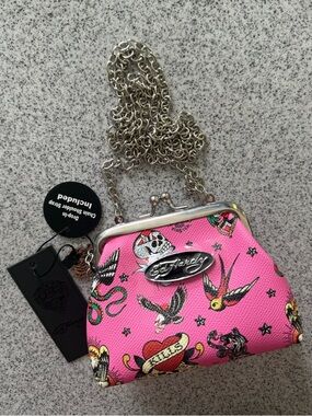 Ed Hardy NWT Pink Kisslock Tattoo-Print Cross Body Chain Mini Purse